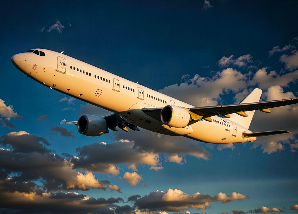 A modern widebody aircraft climbing after departure — an illustrative, AI-generated image.